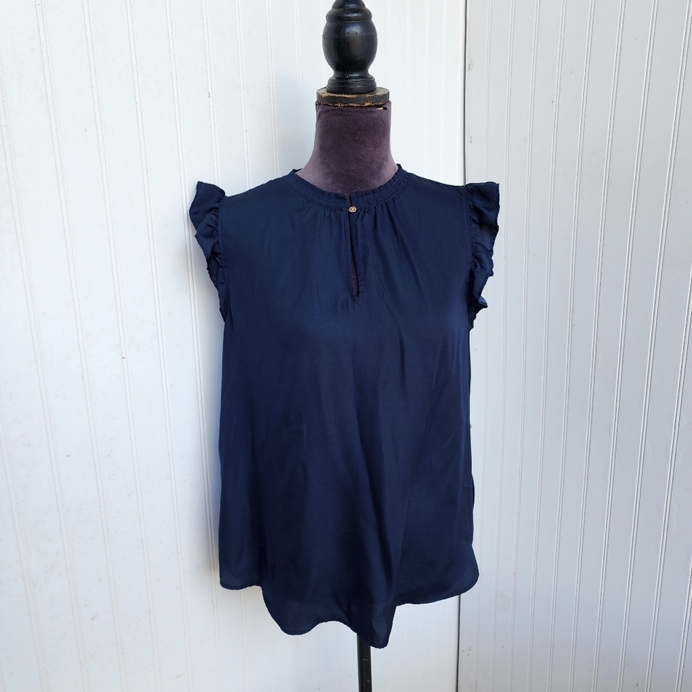 Ann Taylor Ruffle Mock Neck Satin Blouse Top Navy Blue Sleeveless Pullover Sz LP